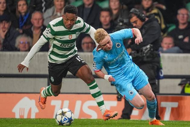 Club s Joaquin Seys pictured in action during a soccer game between Portuguese Sporting Clube de Portugal and Belgian Club Brugge KV, on Wednesday 26 November 2025 in Lisboa, Portugal, on day five of the League phase of the UEFA Champions League tournament. JOMAxGARCIAxIxGISBERT  x144500620x