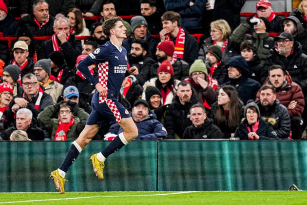 LIVERPOOL, ENGLAND - NOVEMBER 26: Guus Til of PSV celebrates after scoring his teams second goal during the UEFA Champions League 2025 26 League Phase MD5 match between Liverpool FC and PSV Eindhoven at Anfield on November 26, 2025 in Liverpool, England. (Photo by Rene Nijhuis) SPO  Copyright: xRenexNijhuis