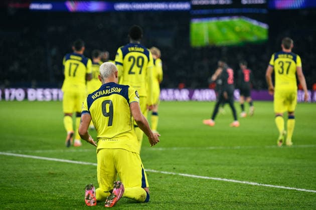Champions League PSG vs Tottenham Hotspur F.C - FA Tottenham Hotspur’s forward Richarlison celebrates scoring a goal during the UEFA Champions League football match between Paris Saint-Germain and Tottenham Hotspur F.C at the Parc des Princes Stadium in Paris on November 26, 2025. Photo by Firas Abdullah ABACAPRESS.COM Paris Ile-de-France France  Copyright: xAbdullahxFiras ABACAx