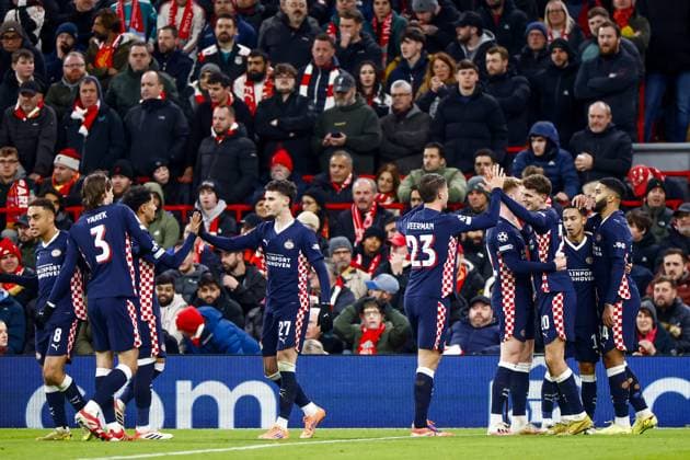 LIVERPOOL - PSV Eindhoven players celebrate the 1-2 goal during the Champions League match between Liverpool FC and PSV Eindhoven at Anfield Stadium on November 26, 2025, in Liverpool, United Kingdom. ANP SEM VAN DER WAL UEFA Champions League Matchday 5 2025-2026 xVIxANPxSportx xxANPxIVx 543155956 originalFilename: 543155956.jpg