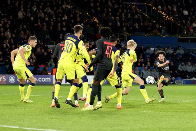PSG v Tottenham 26 November 2025, Paris - UEFA Champions League - Paris Saint-German v Tottenham Hotspur - Vitinha of PSG scoring the second equalising goal (2-2) - Photo: Charlotte Wilson Offside. Paris France Copyright: xCharlottexWilsonx xOffsidexOffside