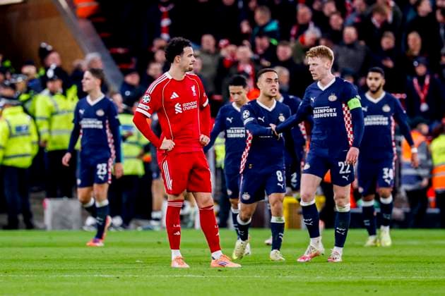 Curtis Jones of Liverpool FC looks dejected after conceding his sides third goal Liverpool FC v PSV Eindhoven, UEFA Champions League 2025 26 League Phase MD5, Liverpool FC v PSV Eindhoven, Anfield, November 26, 2025, Liverpool, United Kingdom.