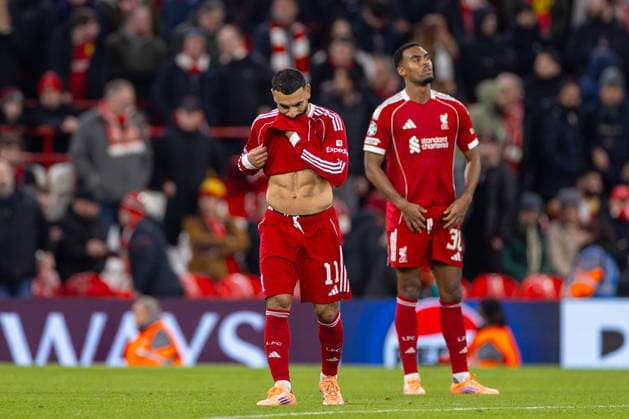 Football - UEFA Champions League - League Phase - Liverpool FC v PSV Eindhoven LIVERPOOL, ENGLAND - Wednesday, November 26, 2025: Liverpool s Mohamed Salah reacts to conceeding their side s fourth goal during the UEFA Champions League match between Liverpool FC and PSV Eindhoven at Anfield. (Photo by David Rawcliffe Propaganda) LIVERPOOL Anfield MERSEYSIDE ENGLAND  Copyright: xDavidxRawcliffex P2025-11-26-Liverpool_PSV-96