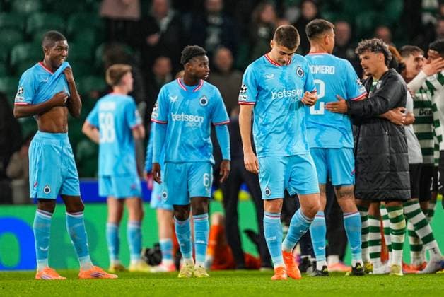 Club s players look dejected after a soccer game between Portuguese Sporting Clube de Portugal and Belgian Club Brugge KV, on Wednesday 26 November 2025 in Lisboa, Portugal, on day five of the League phase of the UEFA Champions League tournament. JOMAxGARCIAxIxGISBERT  x144508306x
