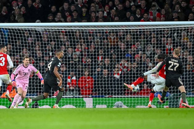 Noni Madueke (Arsenal FC) scores his team s second goal during the UEFA Champions League 2025 26 League Phase MD5 match between Arsenal FC and FC Bayern München at Arsenal Stadium on November 26, 2025 in London, United Kingdom. (Photo by Harry Langer DeFodi Images)