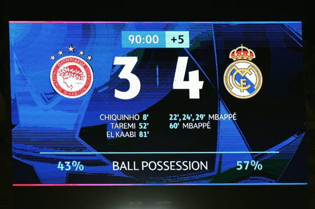 UEFA Champions League, Olympiacos Piraeus vs Real Madrid - The matrix of the stadium with the final score after the UEFA Champions League Phase matchday 5 soccer match between Olympiacos Piraeus and Real Madrid held at Georgios Karaiskakis Stadium in Piraeus, Greece, 26 November 2025. IMAGO ONE INCH PRODUCTIONS PIRAEUS Greece Copyright: xONExINCHxPRODUCTIONSx 6752156