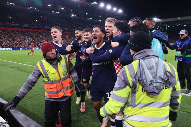 Football - UEFA Champions League - League Phase - Liverpool v PSV Eindhoven 26th November 2025 - UEFA Champions League - League Phase - Liverpool v PSV Eindhoven - Couhaib Driouech of PSV Eindhoven celebrates after scoring their 3rd goal - Photo: Simon Stacpoole Offside. Liverpool UK Copyright: xSimonxStacpoolexOffside
