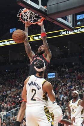 November 26, 2025, Toronto, On, CAN: Toronto Raptors forward Brandon Ingram (3) scores on Indiana Pacers guard Andrew Nembhard (2) during first half NBA, Basketball Herren, USA Cup basketball action in Toronto on Wednesday, November 26, 2025. Brandon Ingram ; Andrew Nembhard  - ZUMAc35_ 20251126_zaf_c35_143 Copyright: xChrisxYoungx