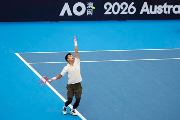 CHENGDU, CHINA - NOVEMBER 26: Sun Fajing of China competes in the Men s Singles first round match against Akira Santillan of Japan on day 3 of 2026 Australian Open Asia-Pacific Wildcard Playoffs at the Sichuan International Tennis Centre on November 26, 2025 in Chengdu, Sichuan Province of China.  Copyright: xVCGx 111606108930