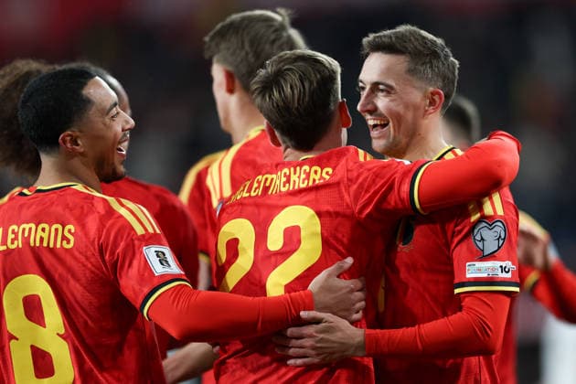 European World Cup Qualifiers Belgium Vs Liechtenstein in Liege, Belgium - 18 Nov 2025 Players of Belgium celebrate a goal during European World Cup Qualifiers 2026 football match between Belgium and Liechtenstein at Stade Maurice Dufrasne (Liege). Final score Belgium 7 : 0 Liechtenstein. Liege Belgium Copyright: xGrzegorzxWajdax xSOPAxImagesx BEL_LIC18112025_26