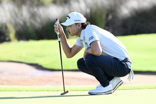 27th November 2025; Royal Queensland Golf Club, Brisbane, Queensland, Australia; BMW Australian PGA, Golf Herren Championship Golf, Round One; Min Woo Lee of Australia lines up his putt on the green  NigelxOwen