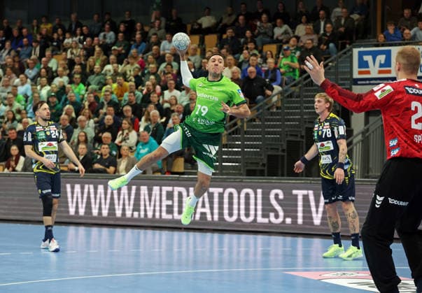 27.11.2025, xovx, Handball Daikin Handball Bundesliga, HSG Wetzlar - Rhein-Neckar Löwen v.l. Patrick Groetzki (Rhein-Neckar Löwen), Ahmet Nafea (HSG Wetzlar), Edwin Aspenbäck (Rhein-Neckar Löwen), David Späth (Rhein-Neckar Löwen) Wetzlar Buderus-Arena Hessen Deutschland (DE)