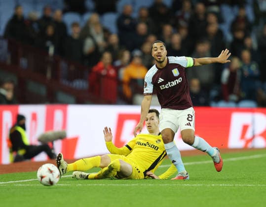 Birmingham, England, 27th November 2025. Dominik Pech of Young Boys and Youri Tielemans of Aston Villa during the Aston Villa vs Young Boys UEFA Europa League match at Villa Park, Birmingham. Picture credit should read: James Baylis Sportimage EDITORIAL USE ONLY. No use with unauthorised audio, video, data, fixture lists, club league logos or live services. Online in-match use limited to 120 images, no video emulation. No use in betting, games or single club league player publications. SPI_015_JB_Villa_YoungBoys SPI-4329-0016