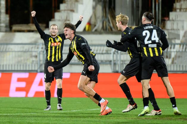 251127 Silas Andersen of Häcken celebrates after 0-1 during the UEFA Conference League between Zrinjski Mostar and Häcken on November 27, 2025 in Mostar. Photo: Daniel Stiller BILDBYRAN kod DS DS0531 fotboll football soccer fotball uefa conference league conference league zrinjski mostar häcken bbeng bbauto jubel Copyright: DANIELxSTILLER BB251127DS018