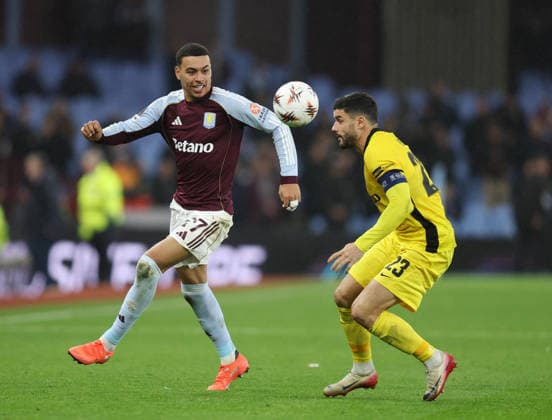 Birmingham, England, 27th November 2025. Morgan Rogers of Aston Villa and Loris Benito of Young Boys during the Aston Villa vs Young Boys UEFA Europa League match at Villa Park, Birmingham. Picture credit should read: James Baylis Sportimage EDITORIAL USE ONLY. No use with unauthorised audio, video, data, fixture lists, club league logos or live services. Online in-match use limited to 120 images, no video emulation. No use in betting, games or single club league player publications. SPI_029_JB_Villa_YoungBoysx SPI-4329-0026