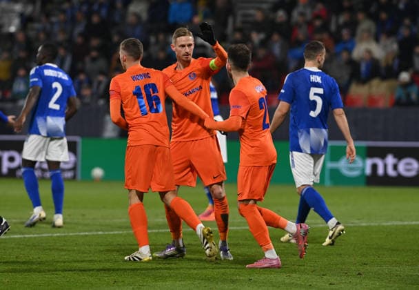 Celje players celebrate after scoring a goal during the Football UEFA Conference League, 4th round match: Sigma Olomouc vs NK Celje in Olomouc, Czech Republic, November 27, 2025. (CTKxPhoto LudekxPerina) CTKPhotoP2025112707380  CTKPhotoP2025112707380