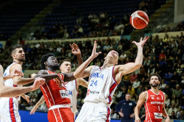 Serbia v Switzerland - FIBA World Cup European Qualifiers BELGRADE, SERBIA - NOVEMBER 27: Nikola Tanaskovic (24) of Serbia in action against Yasmin Mambo (43) of Switzerland during the FIBA World Cup European Qualifiers group C first round basketball match between Serbia and Switzerland at Aleksandar Nikolic Hall in Belgrade, Serbia on November 27, 2025. Filip Stevanovic Anadolu Belgrade Serbia. Editorial use only. Please get in touch for any other usage.  Copyright: x2025xAnadoluxFilipxStevanovicx