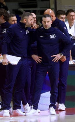 27.11.2025 Beograd Belgrade Serbia-Switzerland Suisse Schweiz world cup qualifiers men s basketball Dusan Alimpijevic (r) Serbia coach :
