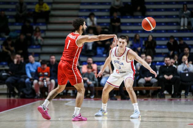 Serbia v Switzerland - FIBA World Cup European Qualifiers BELGRADE, SERBIA - NOVEMBER 27: Stefan Miljenovic (R) of Serbia in action against Alex Schumacher (1) during the FIBA World Cup European Qualifiers group C first round basketball match between Serbia and Switzerland at Aleksandar Nikolic Hall in Belgrade, Serbia on November 27, 2025. Filip Stevanovic Anadolu Belgrade Serbia. Editorial use only. Please get in touch for any other usage.  Copyright: x2025xAnadoluxFilipxStevanovicx
