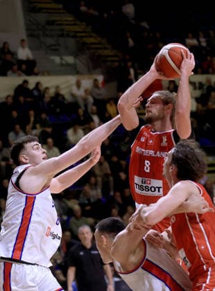 27.11.2025 Beograd Belgrade Serbia-Switzerland Suisse Schweiz world cup qualifiers men s basketball Toni Rocak(R) Switzerland,Balsa Koprivica(L) Serbia :