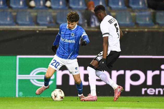 Genk s Konstantinos Kos Karetsas and FC Basel s Metinho pictured in action during a soccer game between Belgian KRC Genk and Swiss FC Basel, on Thursday 27 November 2025, in Genk, on the fifth game (out of 8) in the league phase of the UEFA Europa League competition. JILLxDELSAUX  x144742937x