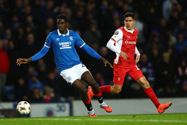 Nasser Djiga of Rangers and Fran Navarro of Braga during the Europa League league phase match at Ibrox Stadium, Glasgow. Rangers v Braga - UEFA Europa League - League Phase - Ibrox Stadium, Glasgow, Lanarkshire, Scotland, UK - 27 Nov 2025Glasgow Ibrox Lanarkshire United Kingdom  Copyright: xO Rourke RangersxFC Shutterstockx 15953532s