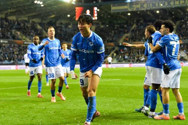 Genk s Hyeon-Gyu Oh celebrates after scoring during a soccer game between Belgian KRC Genk and Swiss FC Basel, on Thursday 27 November 2025, in Genk, on the fifth game (out of 8) in the league phase of the UEFA Europa League competition. JILLxDELSAUX  x144743867x