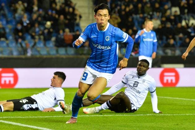 Genk s Hyeon-Gyu Oh celebrates after scoring during a soccer game between Belgian KRC Genk and Swiss FC Basel, on Thursday 27 November 2025, in Genk, on the fifth game (out of 8) in the league phase of the UEFA Europa League competition. JILLxDELSAUX  x144743997x