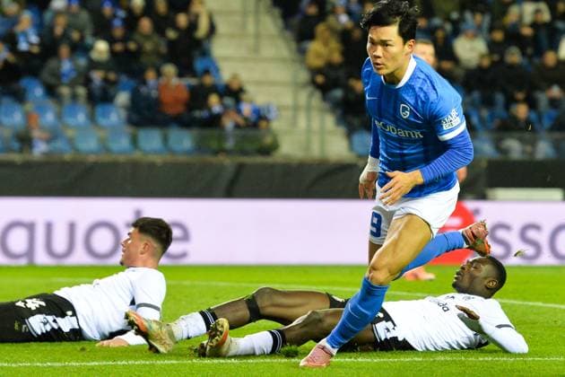 Genk s Hyeon-Gyu Oh celebrates after scoring during a soccer game between Belgian KRC Genk and Swiss FC Basel, on Thursday 27 November 2025, in Genk, on the fifth game (out of 8) in the league phase of the UEFA Europa League competition. JILLxDELSAUX  x144744007x