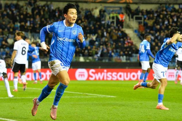 Genk s Hyeon-Gyu Oh celebrates after scoring during a soccer game between Belgian KRC Genk and Swiss FC Basel, on Thursday 27 November 2025, in Genk, on the fifth game (out of 8) in the league phase of the UEFA Europa League competition. JILLxDELSAUX  x144744050x