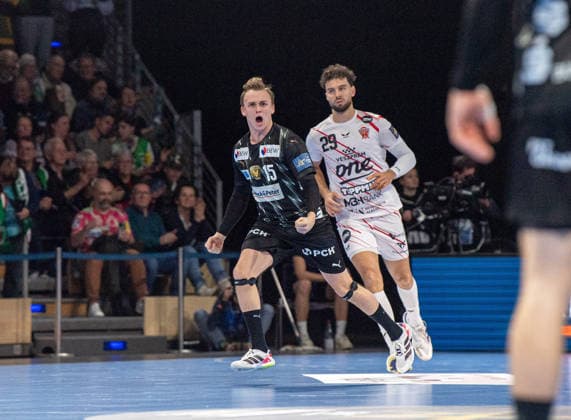 Handball, Herren, Saison 2025 2026, Champions League (Gruppe A, 9. Spieltag), Füchse Berlin - One Veszprem HC, Tobias Gröndahl (Füchse Berlin), 27.11.2025, Copyright: xSebastianxRäppold MatthiasxKochx