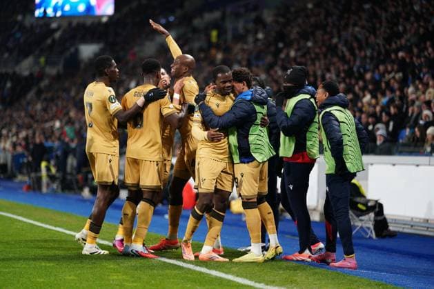 Tyrick Mitchell of Crystal Palace is congratulated after he puts his side 1-0 ahead Strasbourg v Crystal Palace, UEFA Conference League, Group Stage, Football, Stade de la Meinau Strasbourg, Strasbourg, France - 27 Nov 2025Strasbourg Stade de la Meinau Strasbourg France EDITORIAL USE ONLY No use with unauthorised audio, video, data, fixture lists, club league logos or live services. Online in-match use limited to 120 images, no video emulation. No use in betting, games or single club league player publications.  Copyright: xDavexWinter Shutterstockx 15928086bl