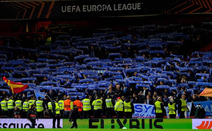 Malmo FF fans prior to kick off during the UEFA Europa league football match between Nottingham Forest and Malmo FF at City Ground in Nottingham. Copyright: xPaulxBonser SportsxPressxPhotox Sportspressphoto_SPR66549