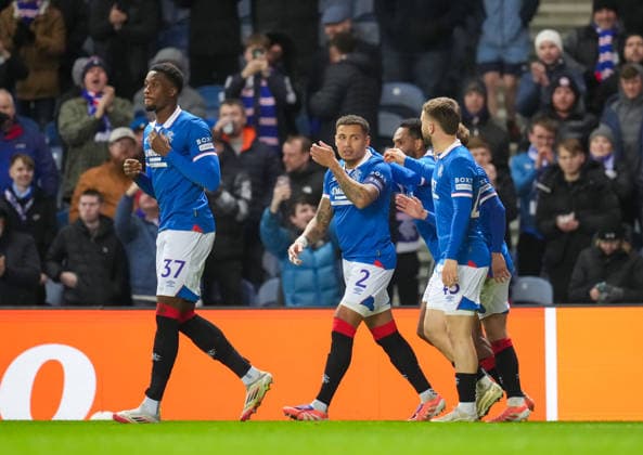 Rangers captain James Tavernier celebrates with team mates after scoring from the penalty spot to give Rangers a 1-0 lead. Rangers v Braga, UEFA Europa League, Group Stage, Football, Ibrox Stadium, Glasgow, Scotland, UK - 27 Nov 2025Glasgow Ibrox Scotland United Kingdom EDITORIAL USE ONLY No use with unauthorised audio, video, data, fixture lists, club league logos or live services. Online in-match use limited to 120 images, no video emulation. No use in betting, games or single club league player publications.  Copyright: xStuartxWallace Shutterstockx 15928082o