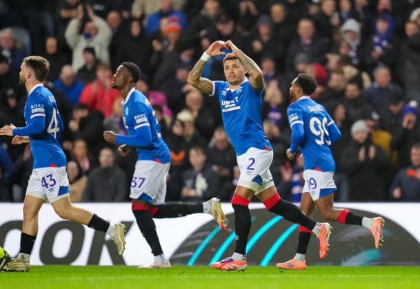 Rangers captain James Tavernier celebrates with team mates after scoring from the penalty spot to give Rangers a 1-0 lead. Rangers v Braga, UEFA Europa League, Group Stage, Football, Ibrox Stadium, Glasgow, Scotland, UK - 27 Nov 2025Glasgow Ibrox Scotland United Kingdom EDITORIAL USE ONLY No use with unauthorised audio, video, data, fixture lists, club league logos or live services. Online in-match use limited to 120 images, no video emulation. No use in betting, games or single club league player publications.  Copyright: xStuartxWallace Shutterstockx 15928082r