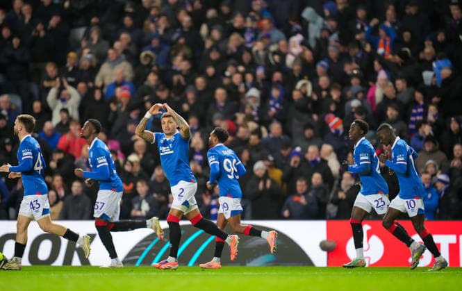 Rangers captain James Tavernier celebrates with team mates after scoring from the penalty spot to give Rangers a 1-0 lead. Rangers v Braga, UEFA Europa League, Group Stage, Football, Ibrox Stadium, Glasgow, Scotland, UK - 27 Nov 2025Glasgow Ibrox Scotland United Kingdom EDITORIAL USE ONLY No use with unauthorised audio, video, data, fixture lists, club league logos or live services. Online in-match use limited to 120 images, no video emulation. No use in betting, games or single club league player publications.  Copyright: xStuartxWallace Shutterstockx 15928082s