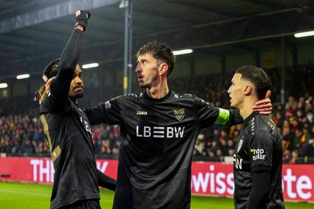 Bilal El Khannouss of VfB Stuttgart celebrates with teammates after scoring his teams third goal Go Ahead Eagles v VfB Stuttgart, UEFA Europa League 2025 26 League Phase MD5, Go Ahead Eagles v VfB Stuttgart, Stadion De Adelaarshorst, November 27, 2025, Deventer, Netherlands.