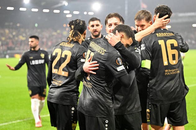 Deventer, De Adelaarshorst , 27.11.25, NLD, Herren, UEFA Europa Leaugue, Saison 2025-2026, Go Ahead Eagles Deventer - VfB Stuttgart Bild: Bilal EL KHANNOUSS (Stuttgart) jubelt nach seinem Tor zum 0:3 UEFA regulations prohibit any use of photographs as image sequences and or quasi-video. Overijssel Niederlande