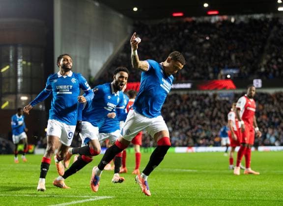 James Tavernier of Rangers celebrates scoring his sides first goal during UEFA Europa League league phase match at Ibrox Stadium, Glasgow. Rangers v S.C. Braga - UEFA Europa League - League Phase - Ibrox Stadium, Glasgow, Lanarkshire, Scotland, UK - 27 Nov 2025Glasgow Ibrox Stadium Lanarkshire, Scotland United Kingdom EDITORIAL USE ONLY  Copyright: xRangersxFC Shutterstockx 15955270ab