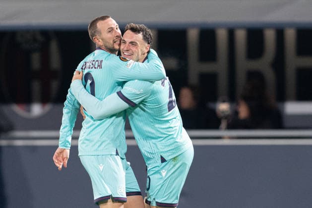 Foto IPP Damiano Fiorentini Bologna 28 11 2025 Calcio Europa League 2025-2026 partita: Bologna-Salisburgo nella foto: Federico Bernardeschi esultanza gol con Nadir Zortea Italy Photo Press World Copyright italy ITALY  Copyright: xR4924_italyphotopressx