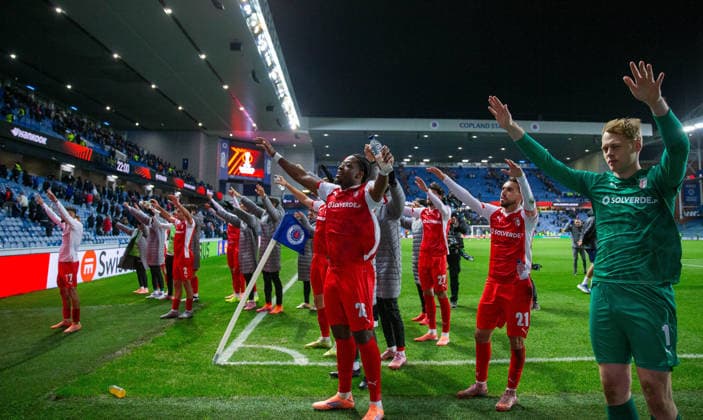 27th November 2025; Ibrox Stadium, Glasgow, Scotland; UEFA Europa League Football, Rangers versus Braga; Braga players celebrate with their fans  VagelisxGeorgariou