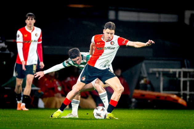 Celtic FC midfielder Luke McCowan, SC Feyenoord Rotterdam defender Gijs Smal during the match SC Feyenoord Rotterdam vs Celtic FC at the Feyenoord stadium De Kuip for the Europa League - League phase - Matchday 5 season 2025-2026 in ROTTERDAM, Netherlands on 27 november 2025, (photo by Marcel van Dorst EYE4images DeFodi Images)