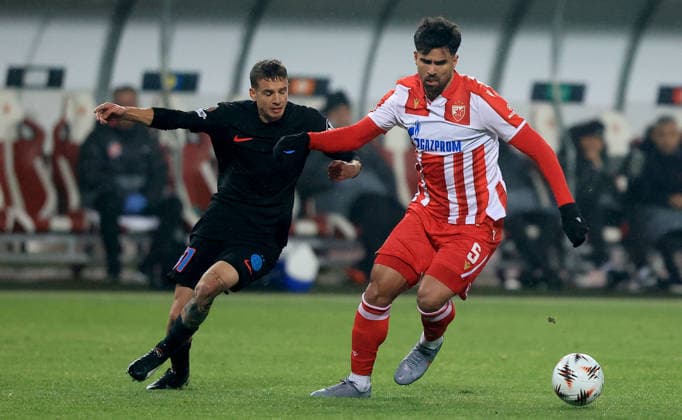 27.11.2025 Belgrade(Serbia) FK Crvena Zvezda(FC Red Star)-FCSB Europa League men s fooball Juri Cisotti(L) FCSB ,Tomas Handel (R) Crvena Zvezda(Red Star) :