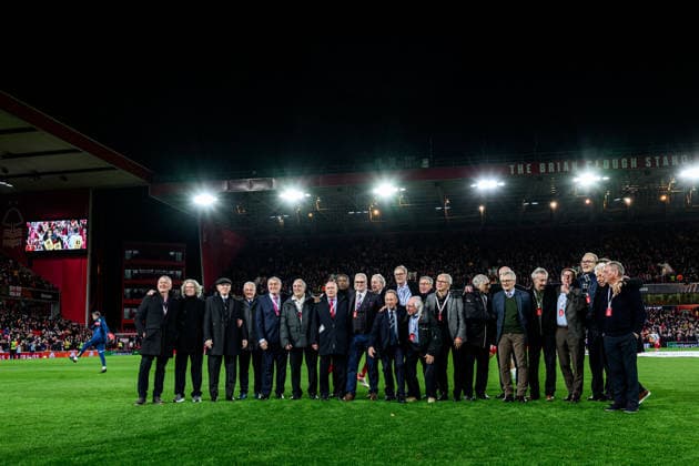 251127 Players from the 1979 European Cup final ahead of the UEFA Europa League football match between Nottingham Forest and Malmö FF on November 27, 2025 in Nottingham. Photo: Mathilda Schuler BILDBYRAN kod MA MA0897 fotboll football soccer fotball uefa europa league europa league nottingham forest malmö ff bbeng Copyright: MATHILDAxSCHULER BB251127MA192