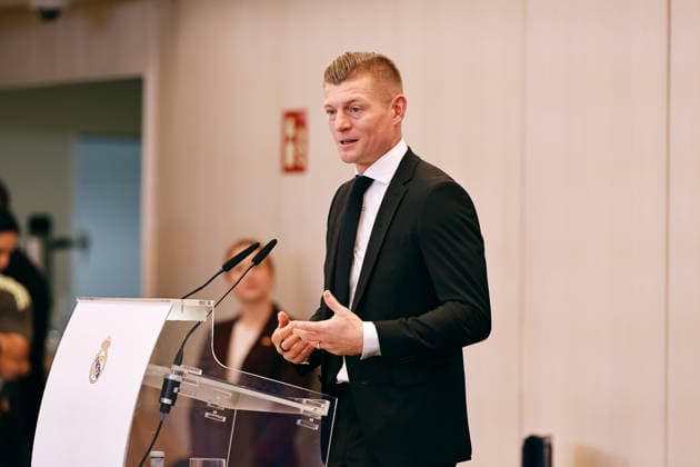 Toni Kroos (Real), NOVEMBER 27, 2025 - Football Soccer : Toni Kroos delivering a speech at the presentation ceremony for the Order of Merit of the Federal Republic of Germany at the Estadio Santiago Bernabeu in Madrid, Spain. Noxthirdxpartyxsales  aflo_311748840