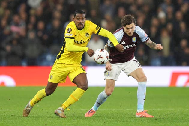 Birmingham, England, 27th November 2025. Sergio Cordova of Young Boys and Victor Lindelof of Aston Villa during the Aston Villa vs Young Boys UEFA Europa League match at Villa Park, Birmingham. Picture credit should read: James Baylis Sportimage EDITORIAL USE ONLY. No use with unauthorised audio, video, data, fixture lists, club league logos or live services. Online in-match use limited to 120 images, no video emulation. No use in betting, games or single club league player publications. SPI_061_JB_VILLA_YOUNGBOYS SPI-4329-0062