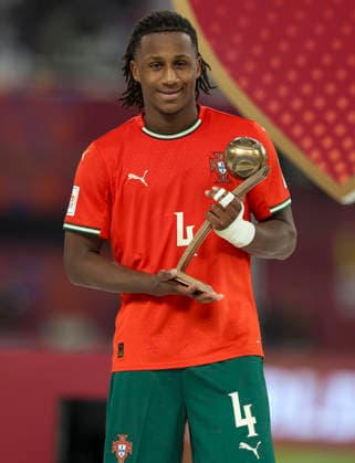 PORTUGAL vs AUSTRIA : FIFA U-17 WORLD CUP QATAR 2025 FINAL Mauro Furtado (R) of Portugal pose with the Bronze Ball award after the FIFA U-17 World Cup Qatar 2025 final match between Portugal and Austria at Khalifa International Stadium in Doha, Qatar, on November 27, 2025. DOHA Qatar Copyright: xNOUSHADxTHEKKAYILx