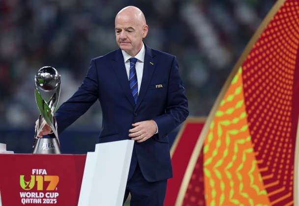 PORTUGAL vs AUSTRIA : FIFA U-17 WORLD CUP QATAR 2025 FINAL Gianni Infantino, FIFA President looks on during award ceremony after the FIFA U-17 World Cup Qatar 2025 final match between Portugal and Austria at Khalifa International Stadium in Doha, Qatar, on November 27, 2025. DOHA Qatar Copyright: xNOUSHADxTHEKKAYILx
