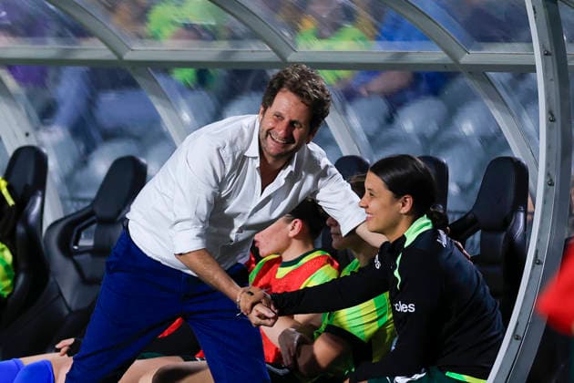 SOCCER AUSTRALIA NEW ZEALAND WOMEN, Joe Montemurro, coach of the Matildas and Sam Kerr of the Matildas celebrate a matildas goal during the International Women s Friendly match between between Australia and New Zealand at Polytec Stadium in Gosford, Friday, November 28, 2025. ( NO ARCHIVING, EDITORIAL USE ONLY GOSFORD NEW SOUTH WALES AUSTRALIA  Copyright: xMARKxEVANSx 20251128134957522995