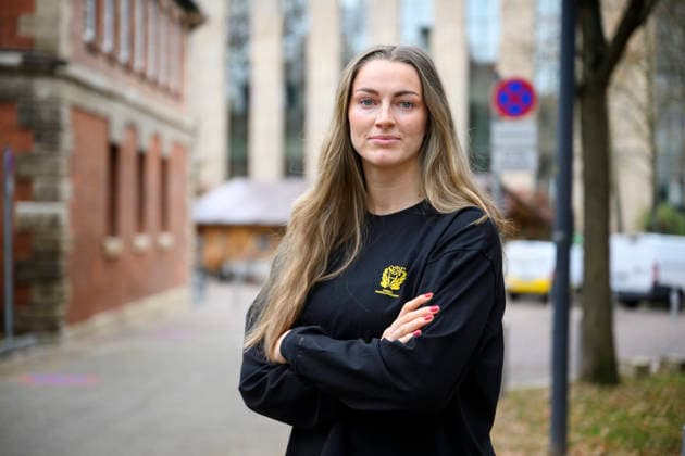 STUTTGART 20251128 Sveriges Kristin Thorleifsdottir pa en pressträff under damernas handbolls-VM i Stuttgart, Tyskland. STUTTGART TYSKLAND x10070x